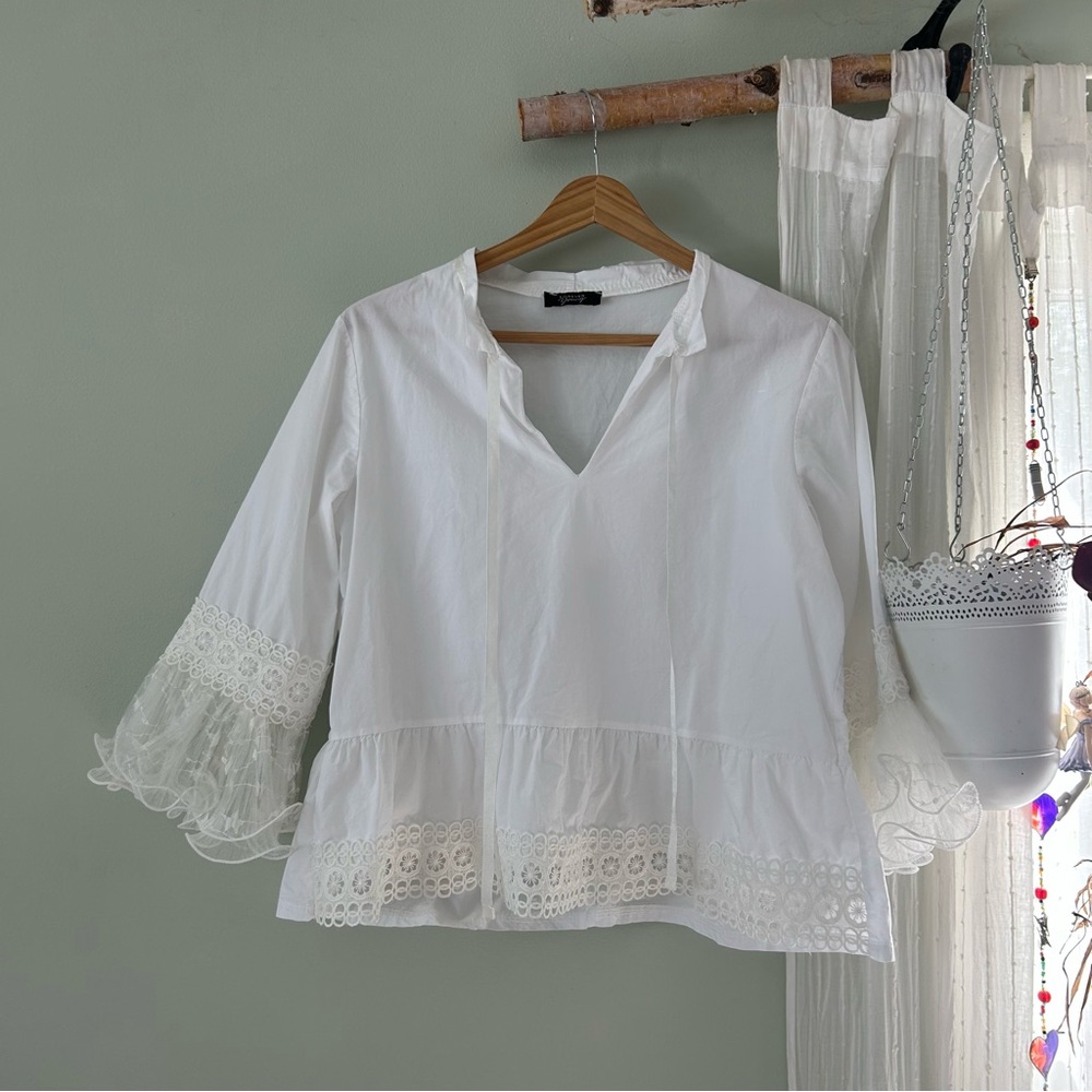 Forever Young White Peplum Blouse with Lace Sleeves